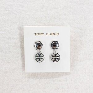 Tory Burch Hexagon Circle Logo Drop Earrings Silver OS